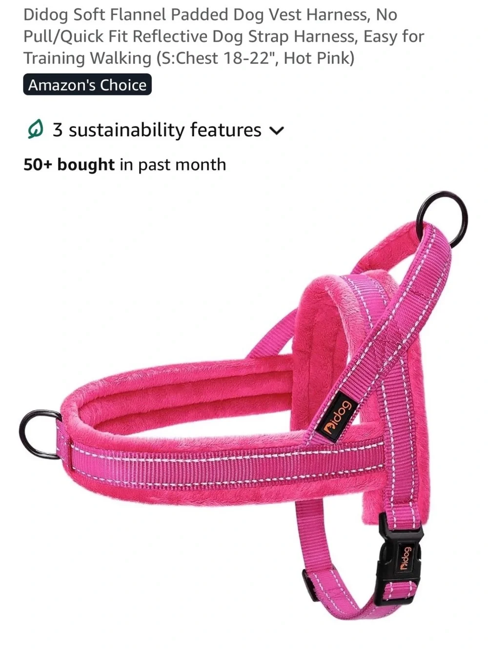 Didog Soft Flannel Padded Dog Vest Harness, Hot Pink, Chest 18-22